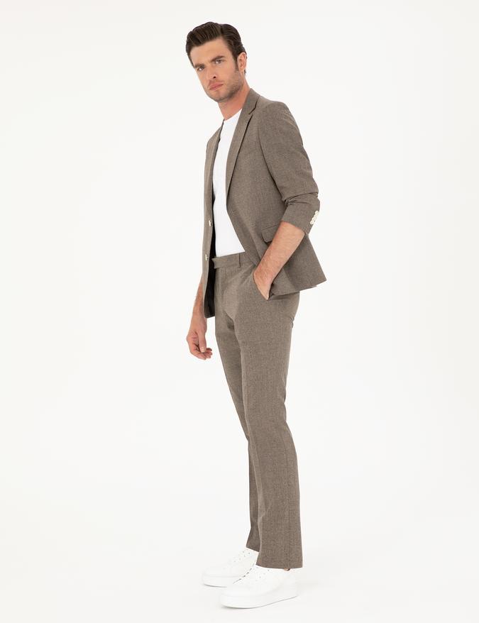 Kahverengi Slim Fit Yün Karışımlı Takım Elbise