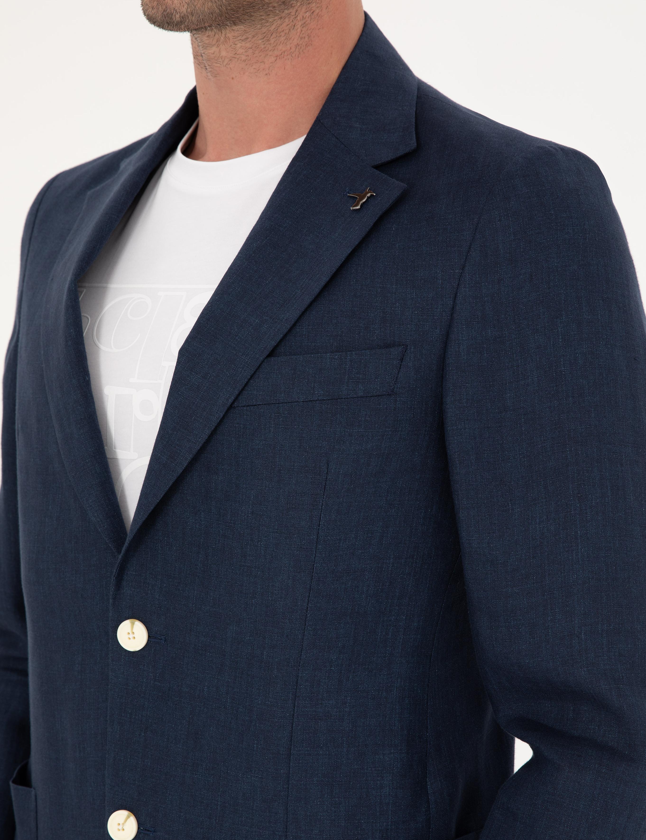 Lacivert Slim Fit %100 Keten Ceket - 50284764152