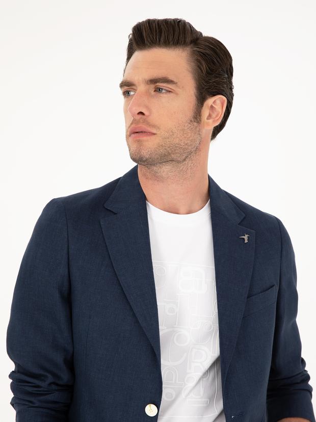 Lacivert Slim Fit %100 Keten Ceket