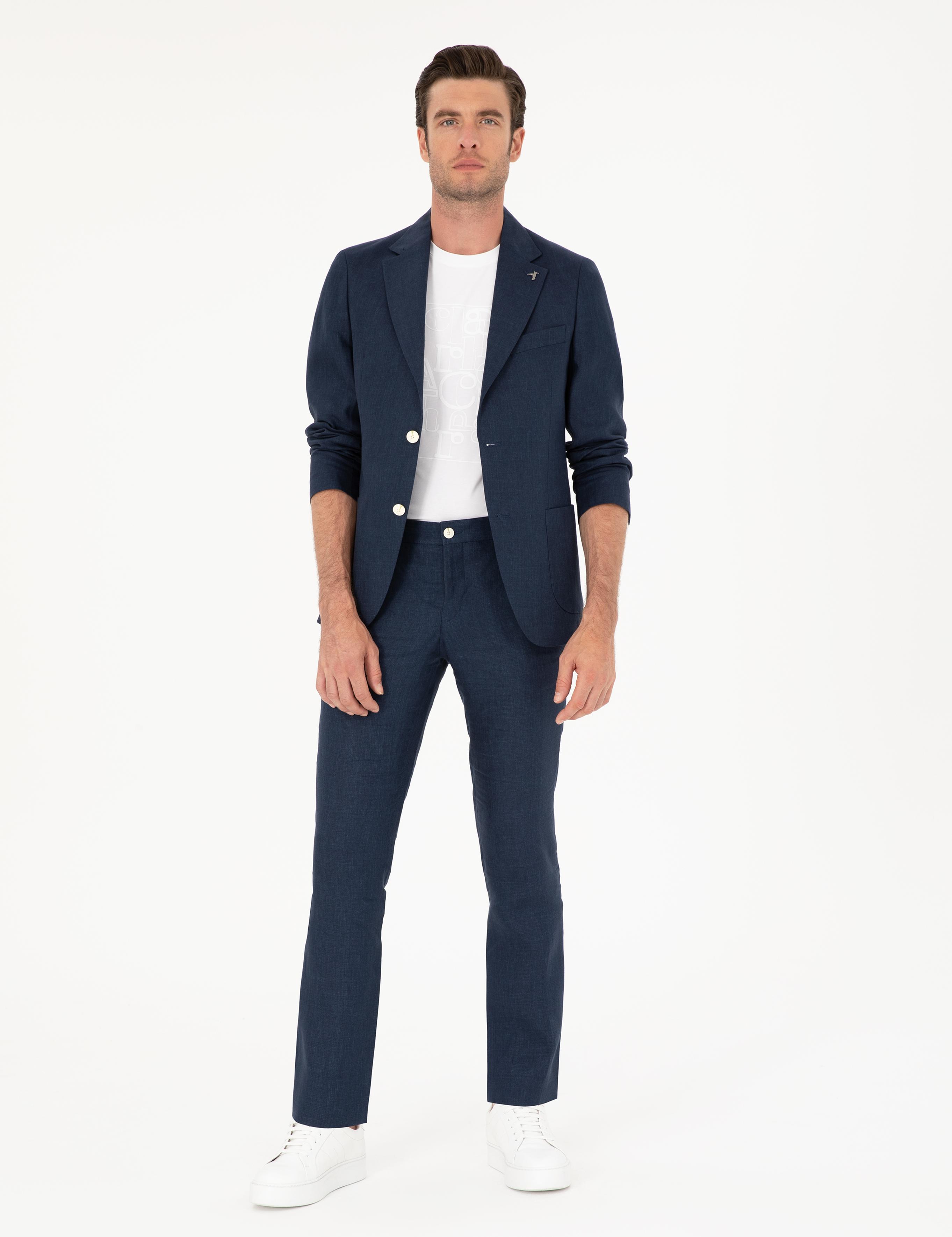 Lacivert Slim Fit %100 Keten Ceket - 50284764152