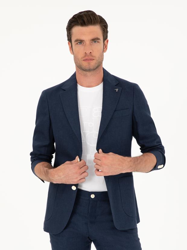 Lacivert Slim Fit %100 Keten Ceket