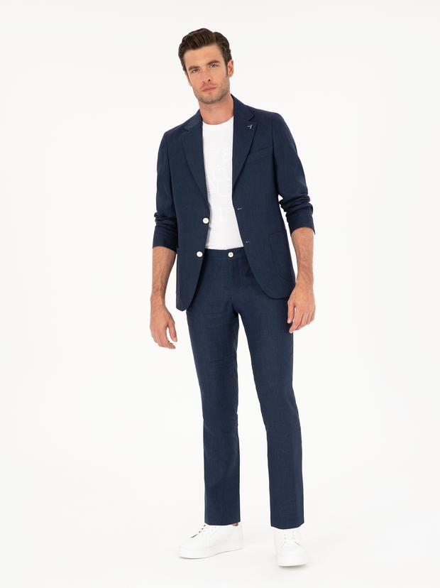 Lacivert Slim Fit %100 Keten Pantolon
