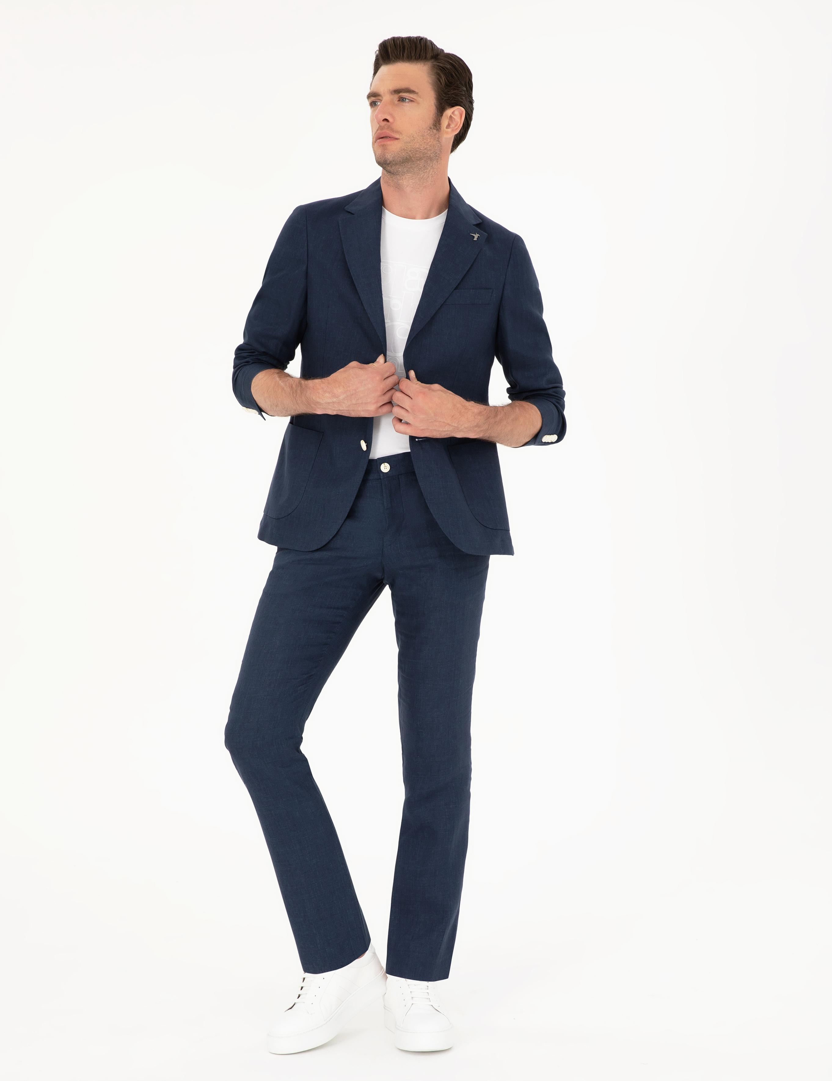 Lacivert Slim Fit %100 Keten Pantolon - 50284952058
