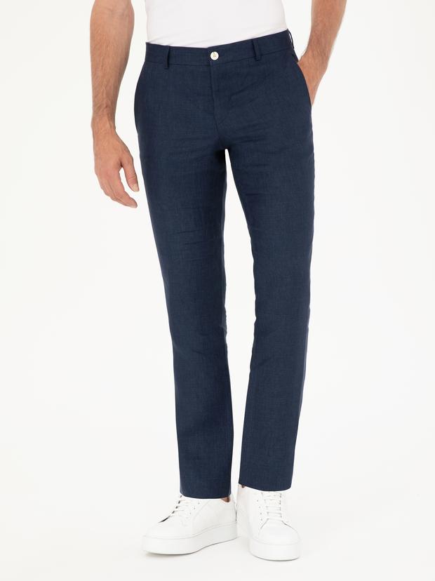 Lacivert Slim Fit %100 Keten Pantolon