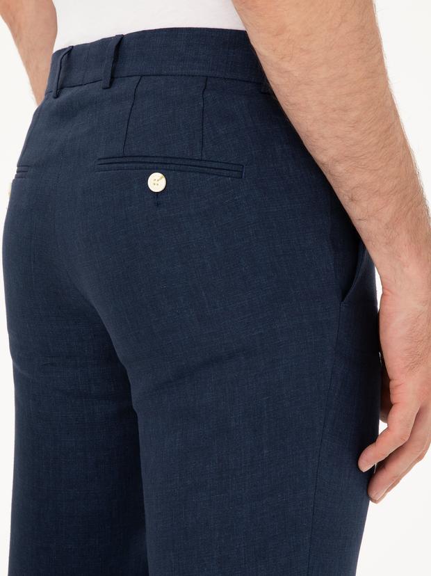 Lacivert Slim Fit %100 Keten Pantolon