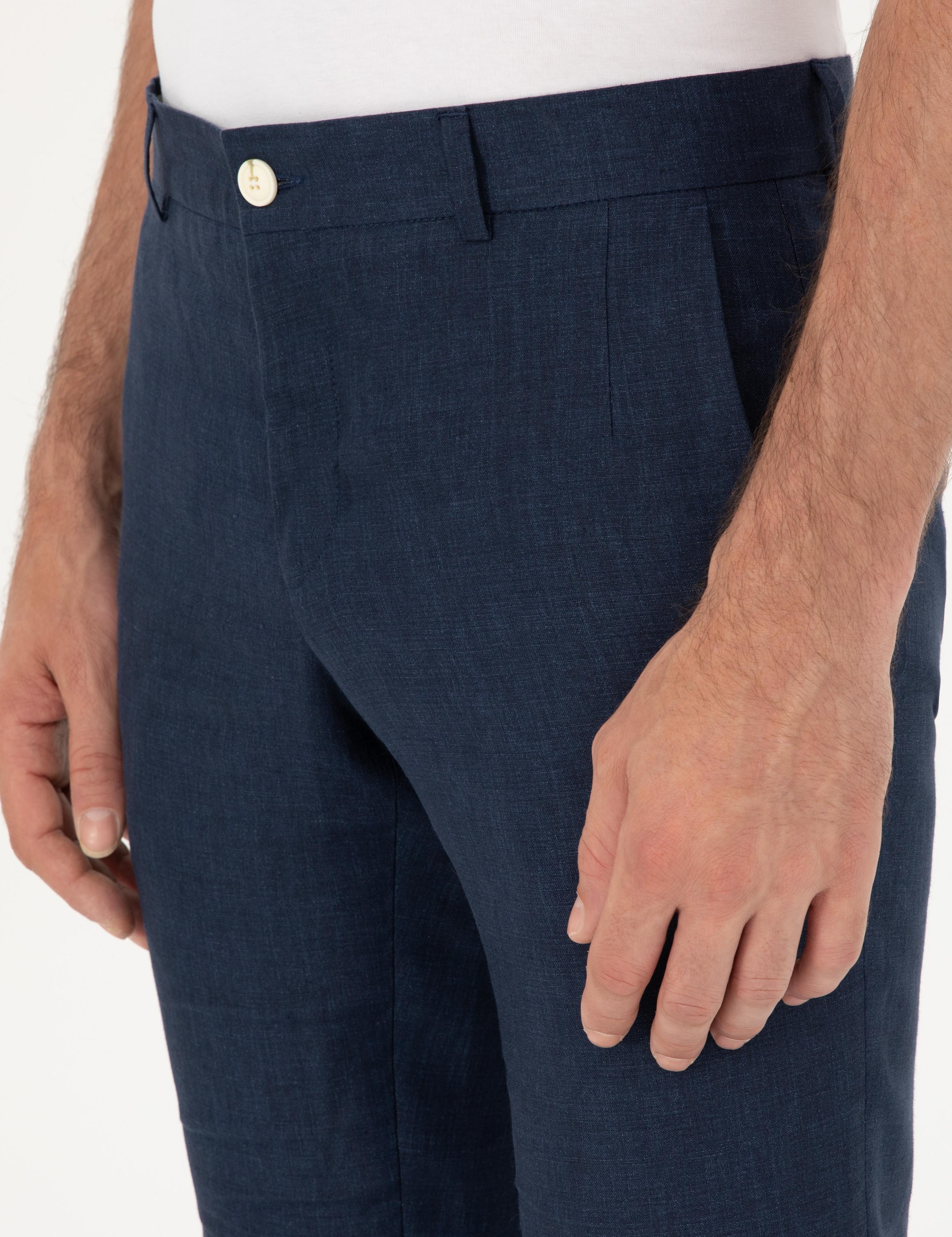Lacivert Slim Fit %100 Keten Pantolon - 50284952058