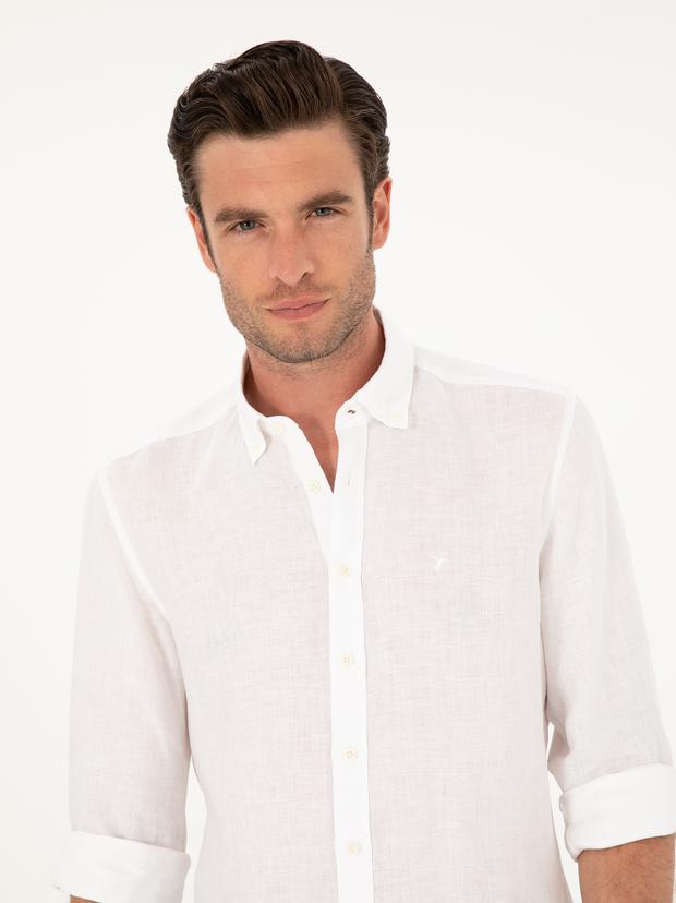 Beyaz Slim Fit %100 Keten Gömlek