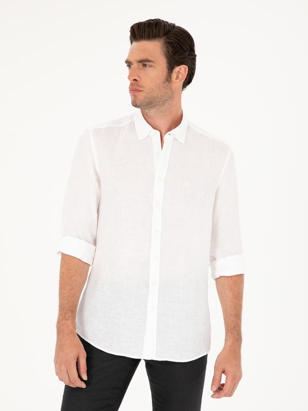 Beyaz Slim Fit %100 Keten Gömlek