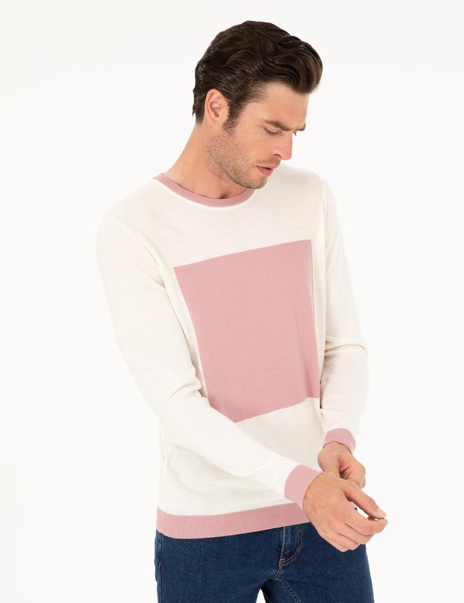 Pudra Slim Fit Yün Karışımlı Bisiklet Yaka Triko Kazak