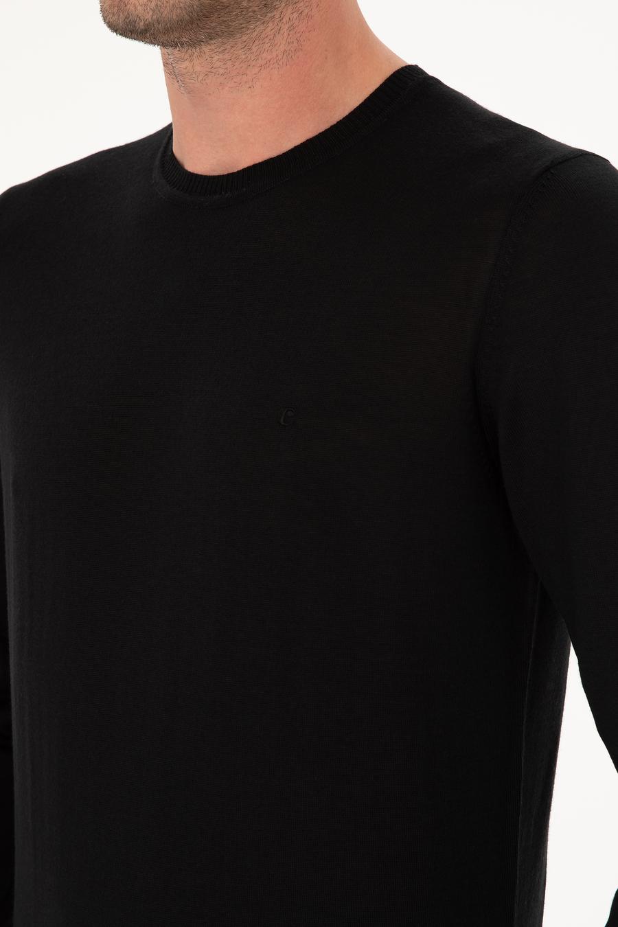 Siyah Slim Fit Yün Karışımlı Bisiklet Yaka Basic Triko Kazak - 50270174125