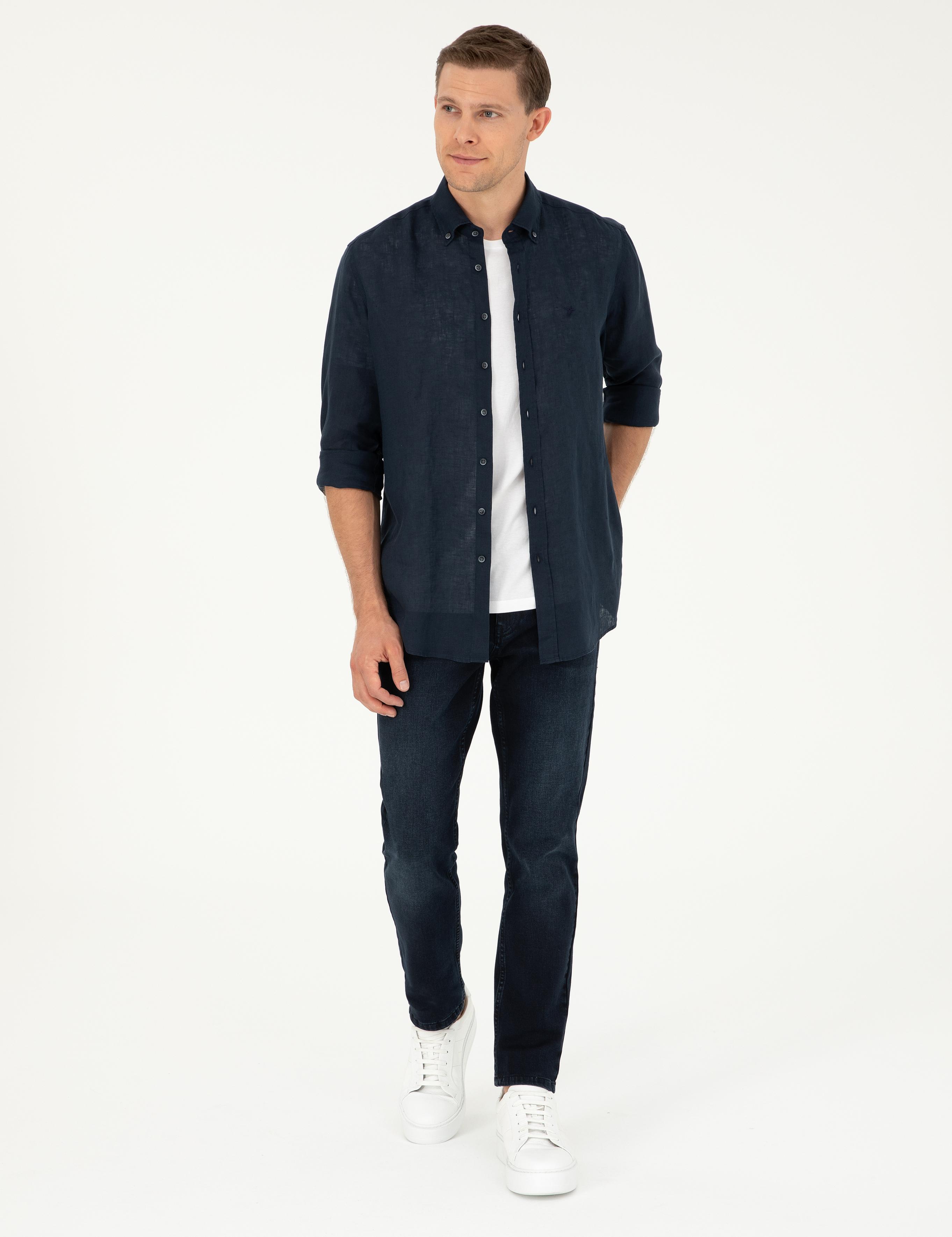 Lacivert Regular Fit %100 Keten Gömlek - 50284823319
