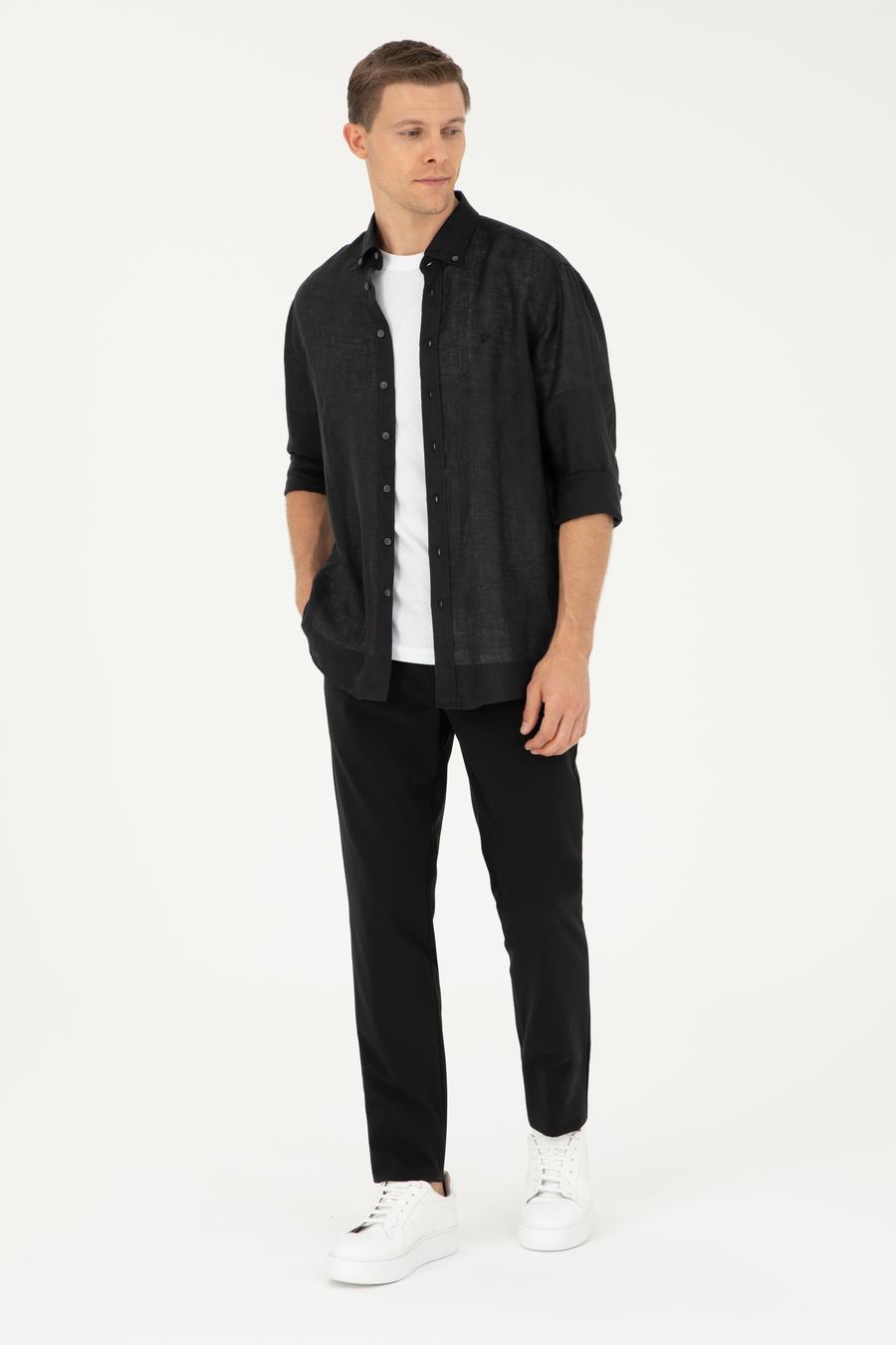 Siyah Slim Fit %100 Keten Gömlek - 50284823340