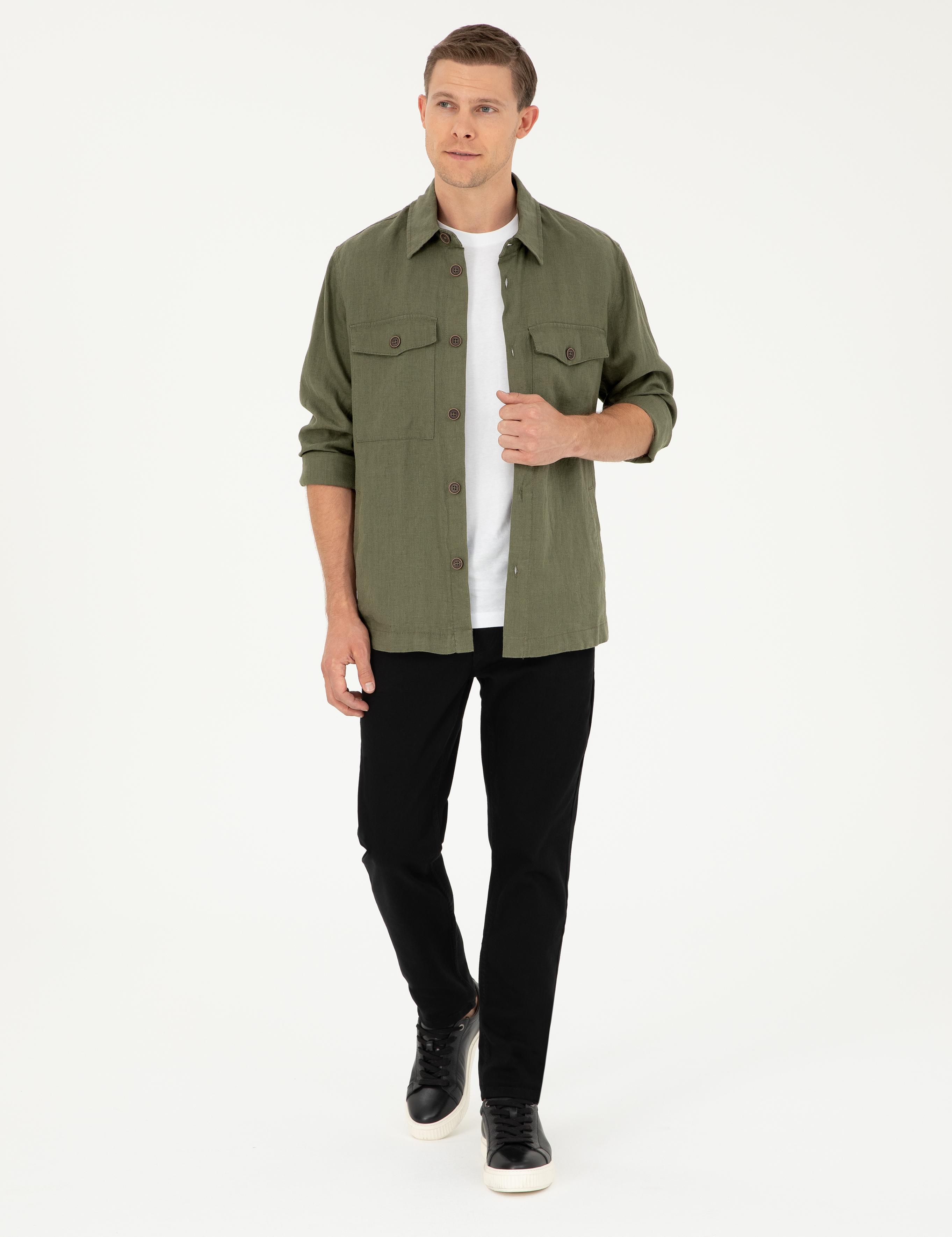 Haki Regular Fit %100 Keten Gömlek Ceket - 50288521056