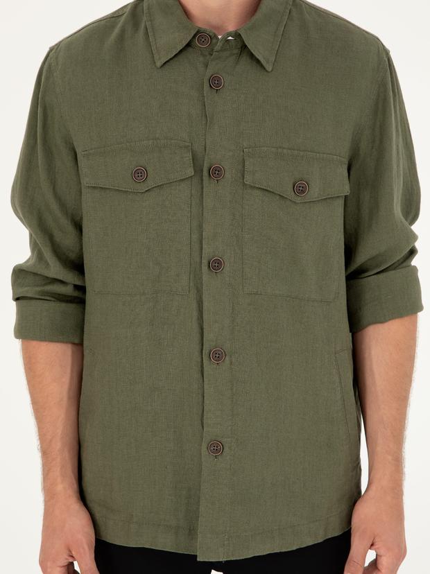 Haki Regular Fit %100 Keten Gömlek Ceket