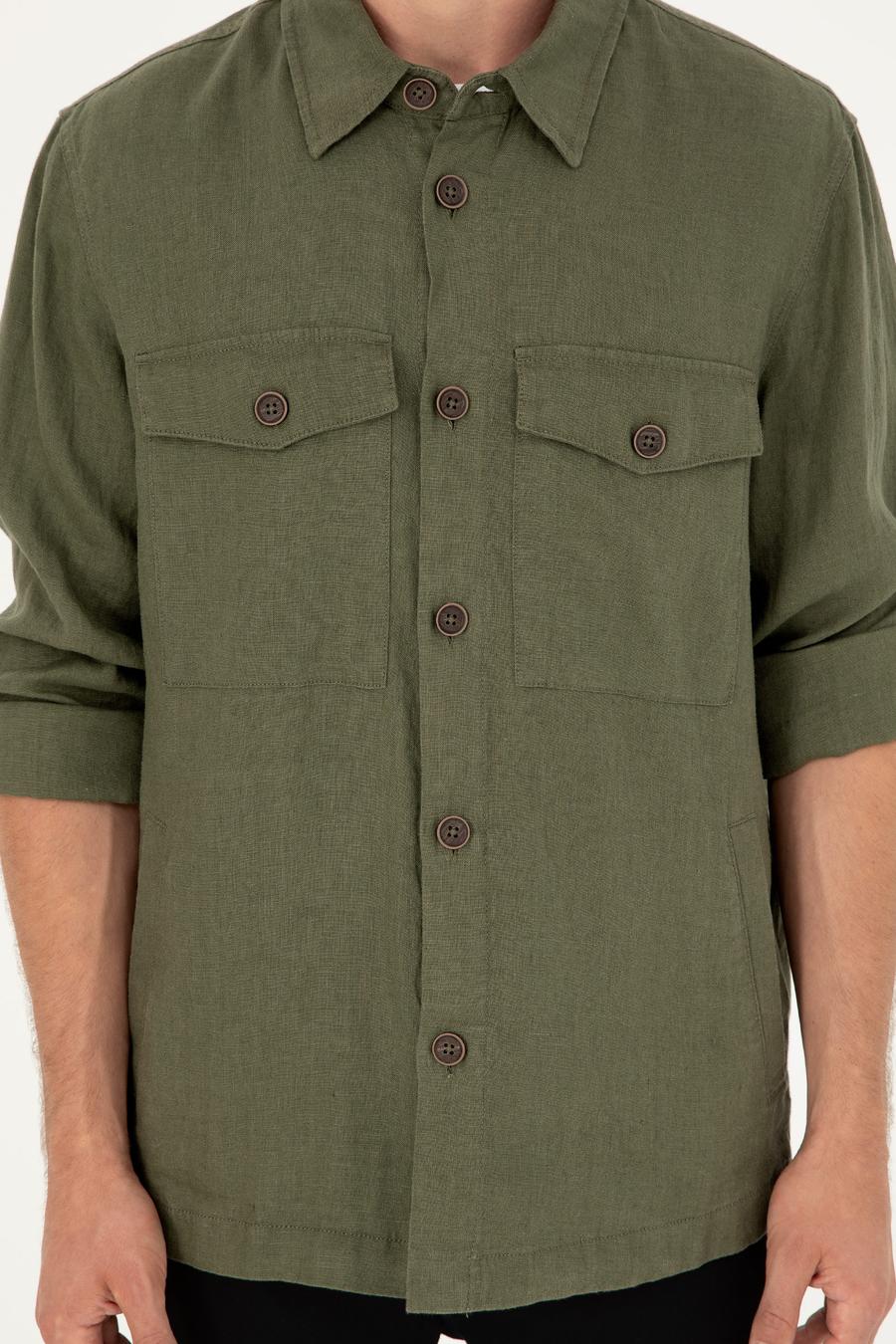 Haki Regular Fit %100 Keten Gömlek Ceket - 50288521056