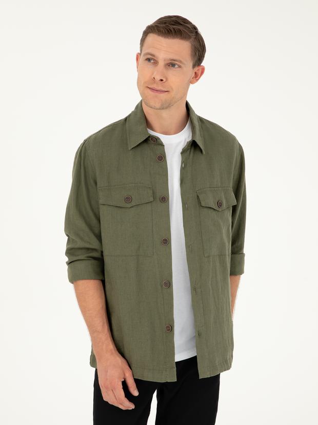 Haki Regular Fit %100 Keten Gömlek Ceket