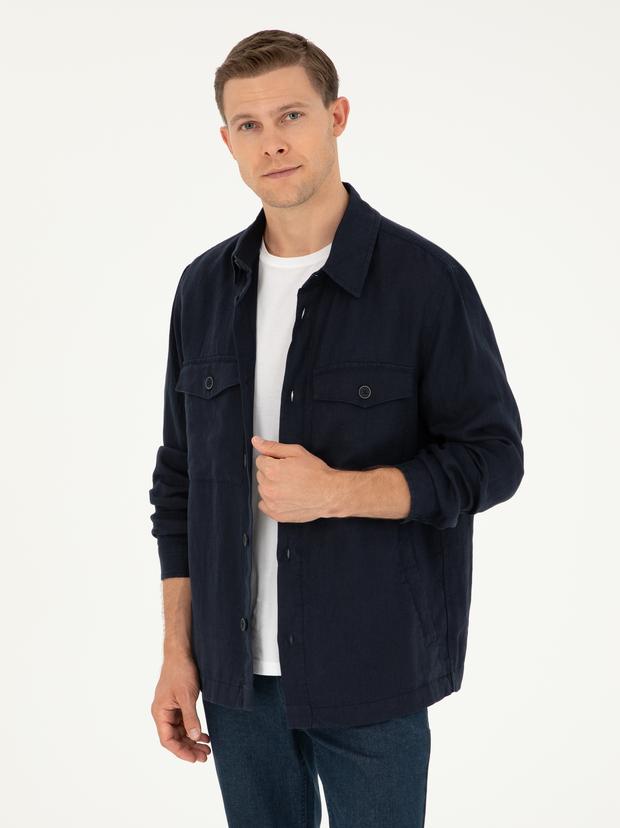 Lacivert Regular Fit %100 Keten Gömlek Ceket
