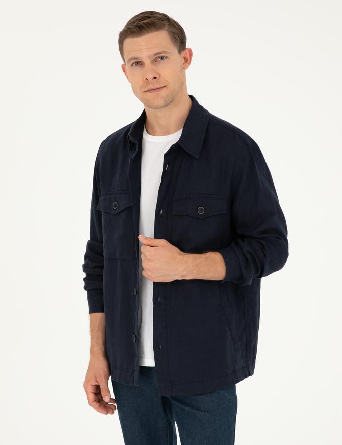 Lacivert Regular Fit %100 Keten Gömlek Ceket