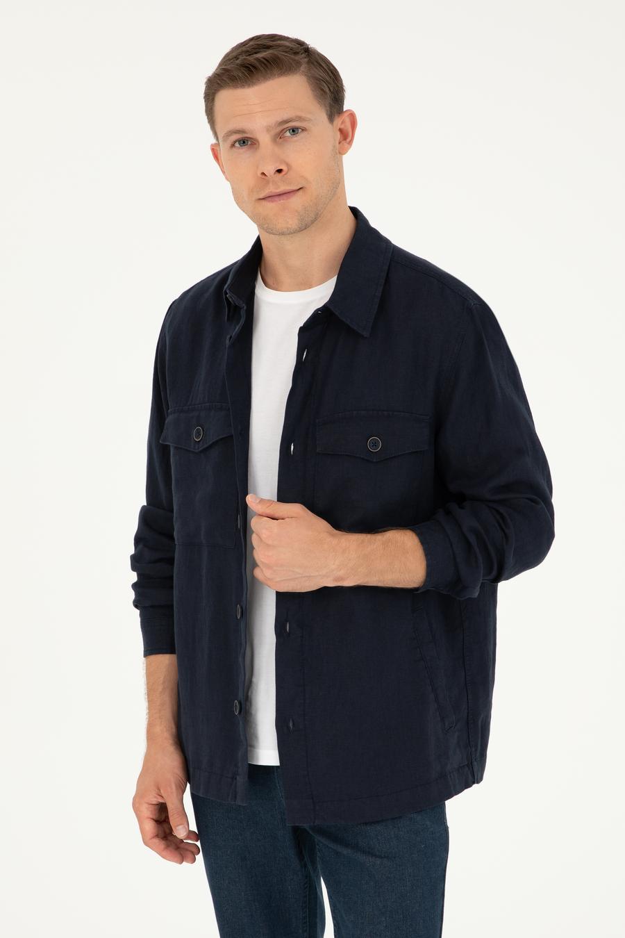 Lacivert Regular Fit %100 Keten Gömlek Ceket - 50288521066