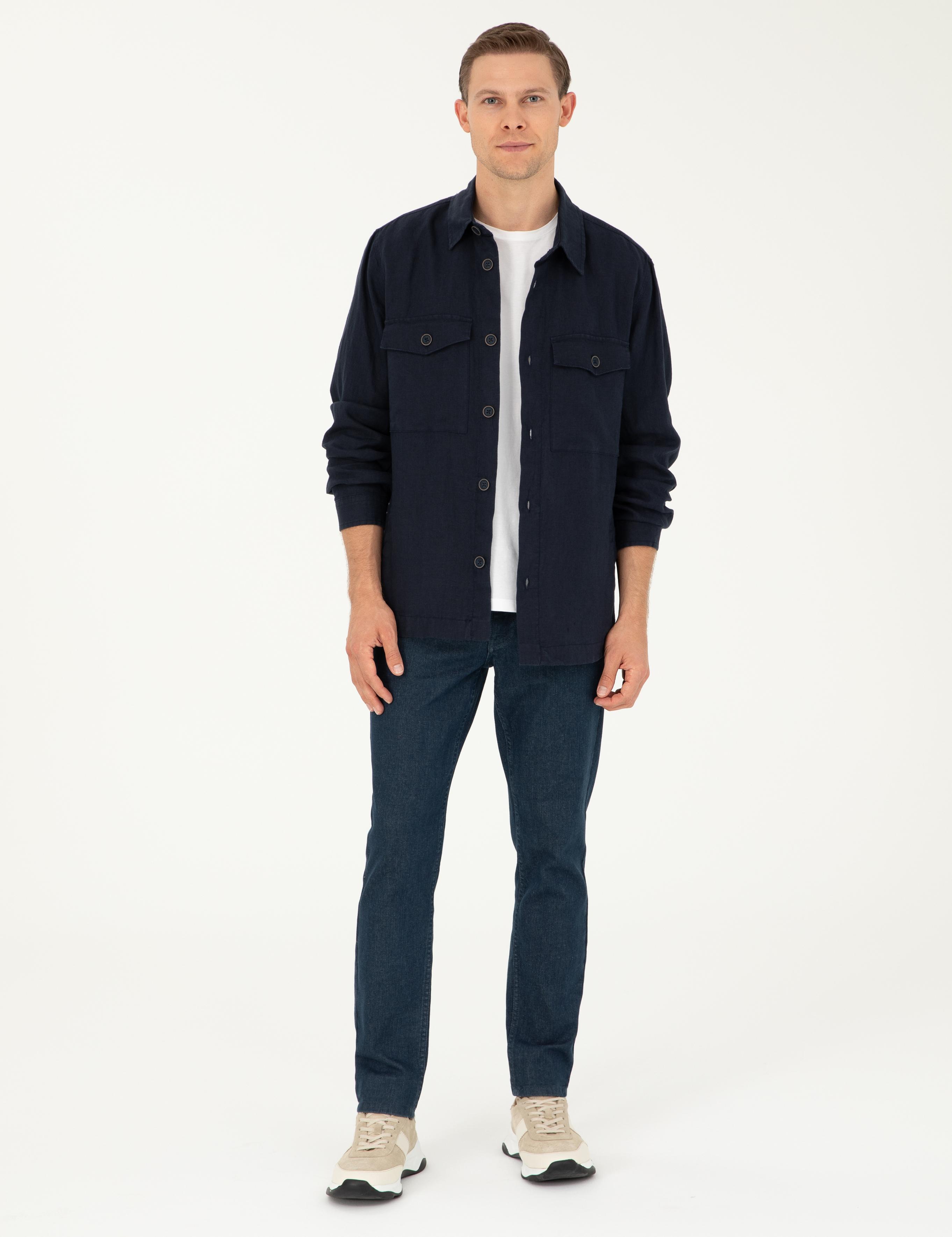 Lacivert Regular Fit %100 Keten Gömlek Ceket - 50288521066