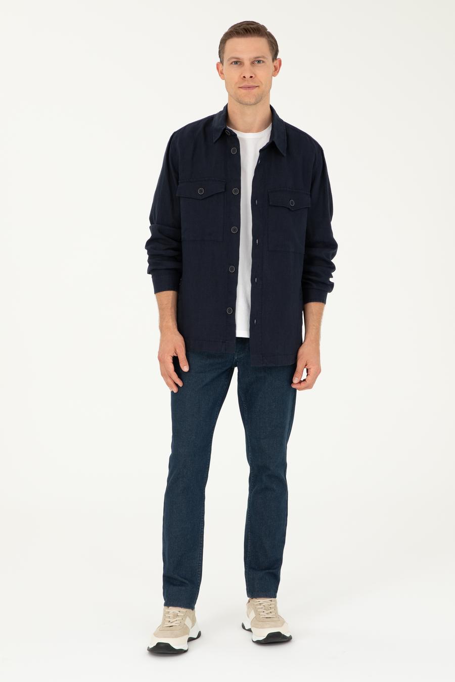 Lacivert Regular Fit %100 Keten Gömlek Ceket - 50288521066