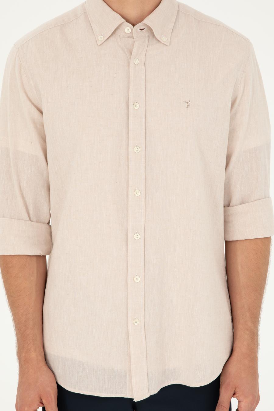 Bej Keten Karışımlı Slim Fit Uzun Kollu Gömlek - 50250813414