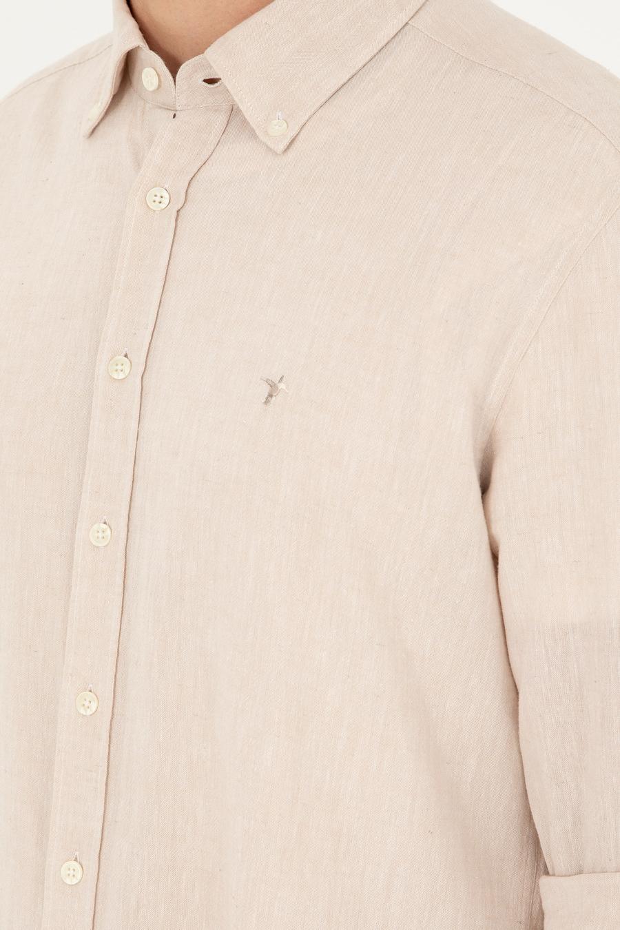 Bej Keten Karışımlı Slim Fit Uzun Kollu Gömlek - 50250813414