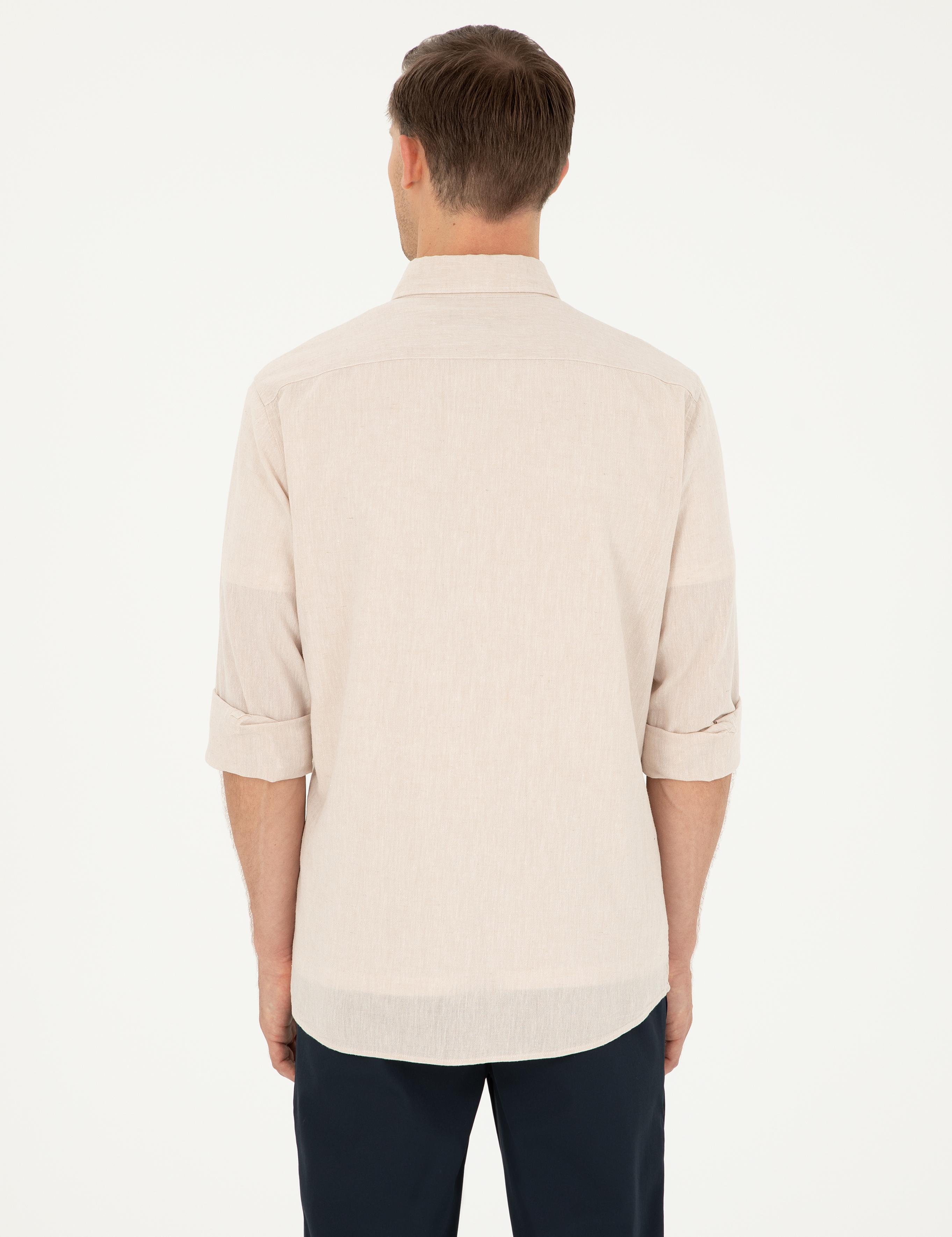 Bej Keten Karışımlı Slim Fit Uzun Kollu Gömlek - 50250813414
