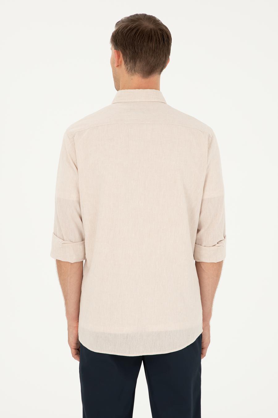 Bej Keten Karışımlı Slim Fit Uzun Kollu Gömlek - 50250813414
