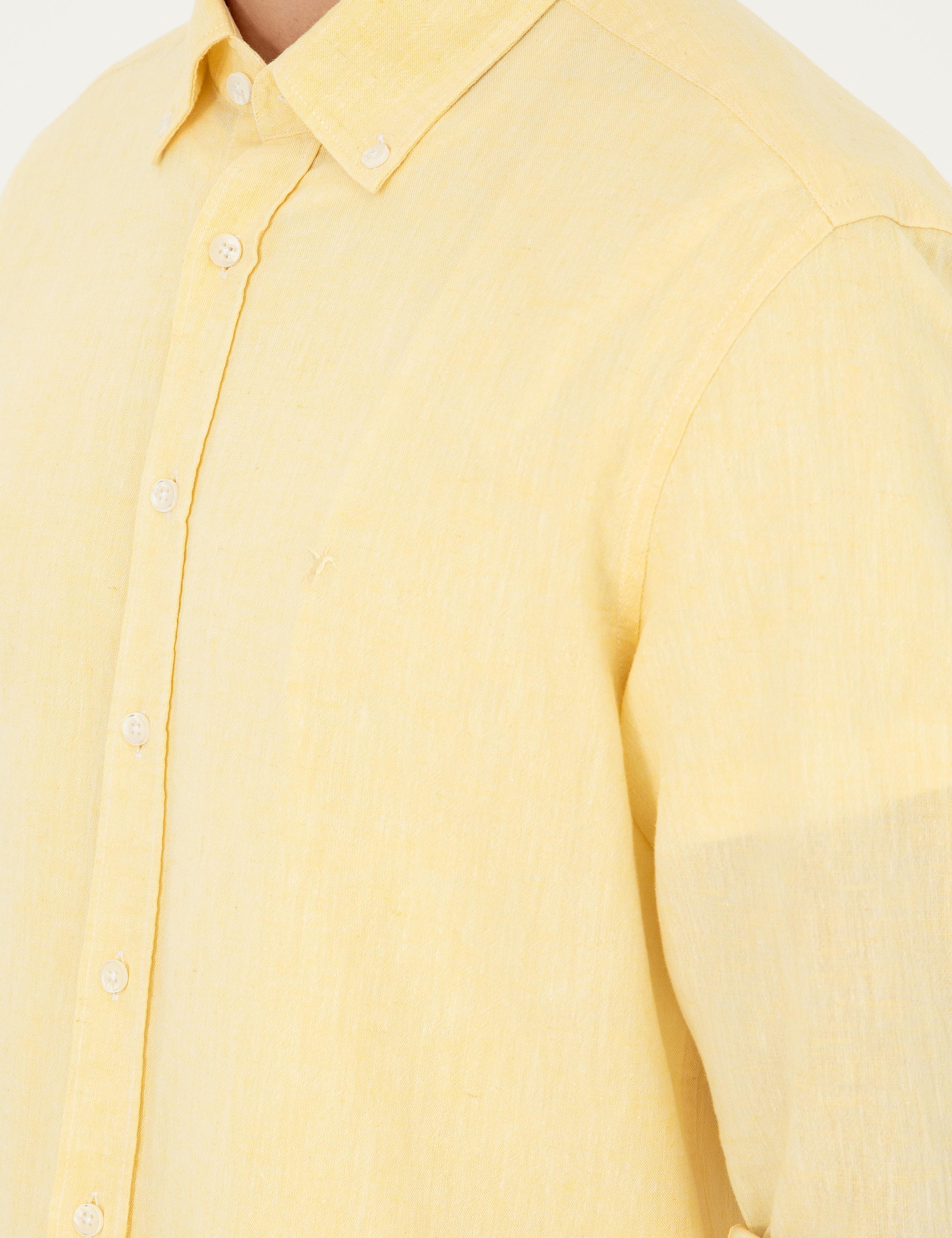 Sarı Keten Karışımlı Slim Fit Uzun Kollu Gömlek - 50250813511
