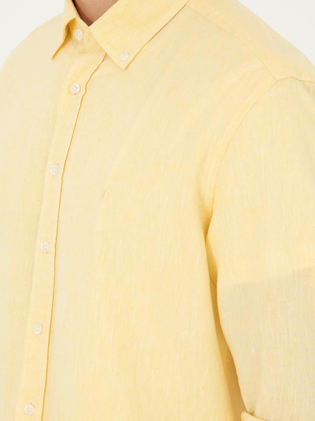 Sarı Keten Karışımlı Slim Fit Uzun Kollu Gömlek