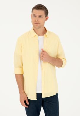 Sarı Keten Karışımlı Slim Fit Uzun Kollu Gömlek