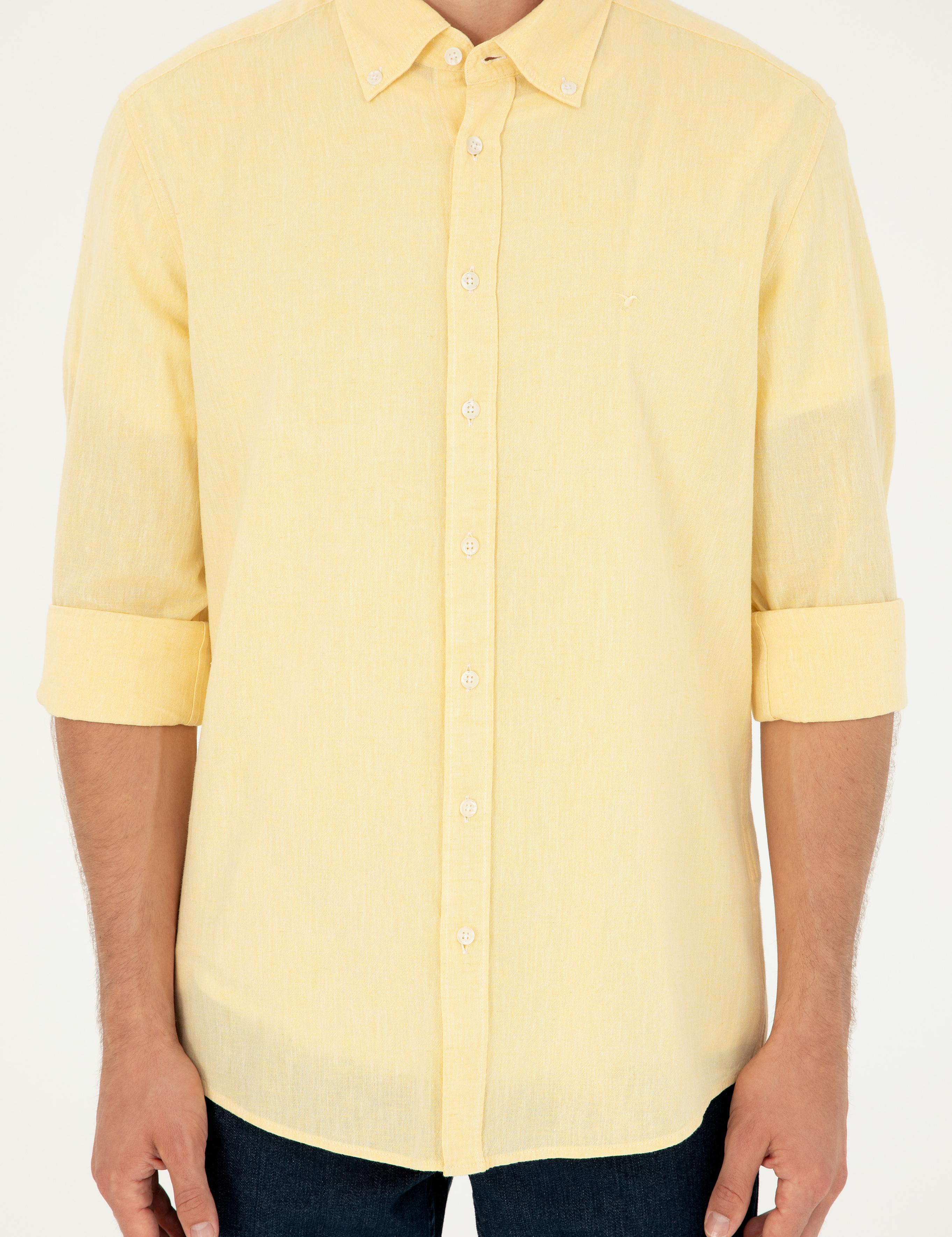 Sarı Keten Karışımlı Slim Fit Uzun Kollu Gömlek - 50250813511