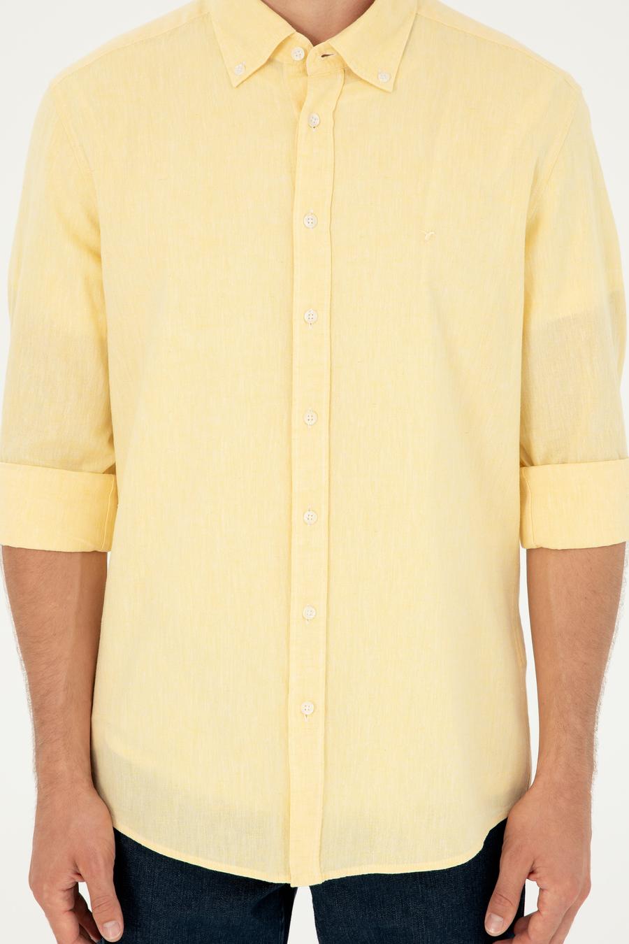 Sarı Keten Karışımlı Slim Fit Uzun Kollu Gömlek - 50250813511