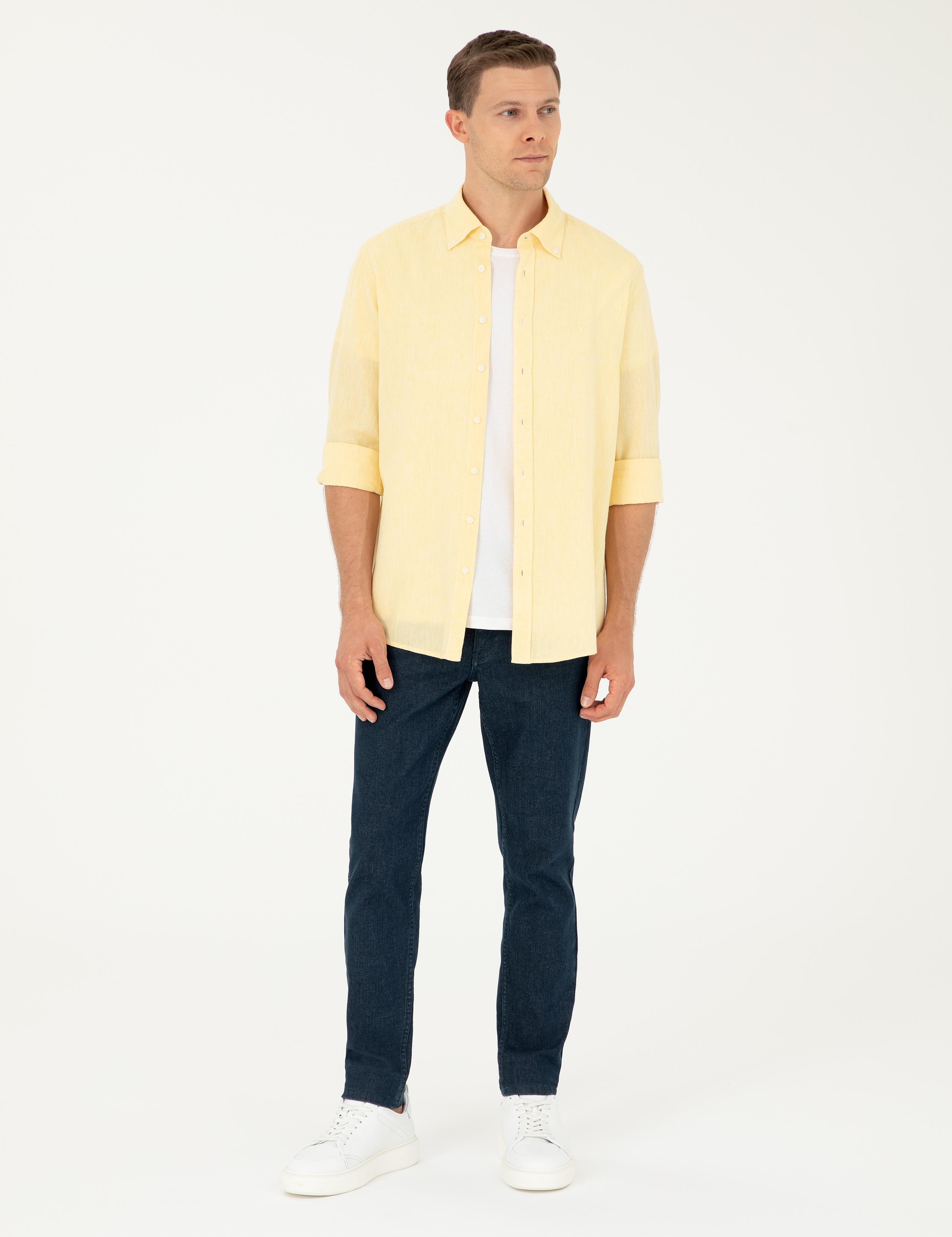 Sarı Keten Karışımlı Slim Fit Uzun Kollu Gömlek - 50250813511