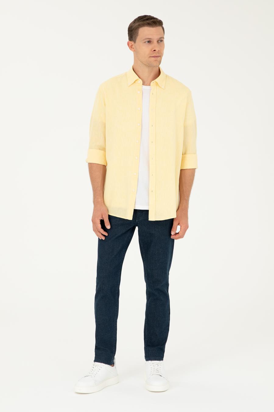 Sarı Keten Karışımlı Slim Fit Uzun Kollu Gömlek - 50250813511