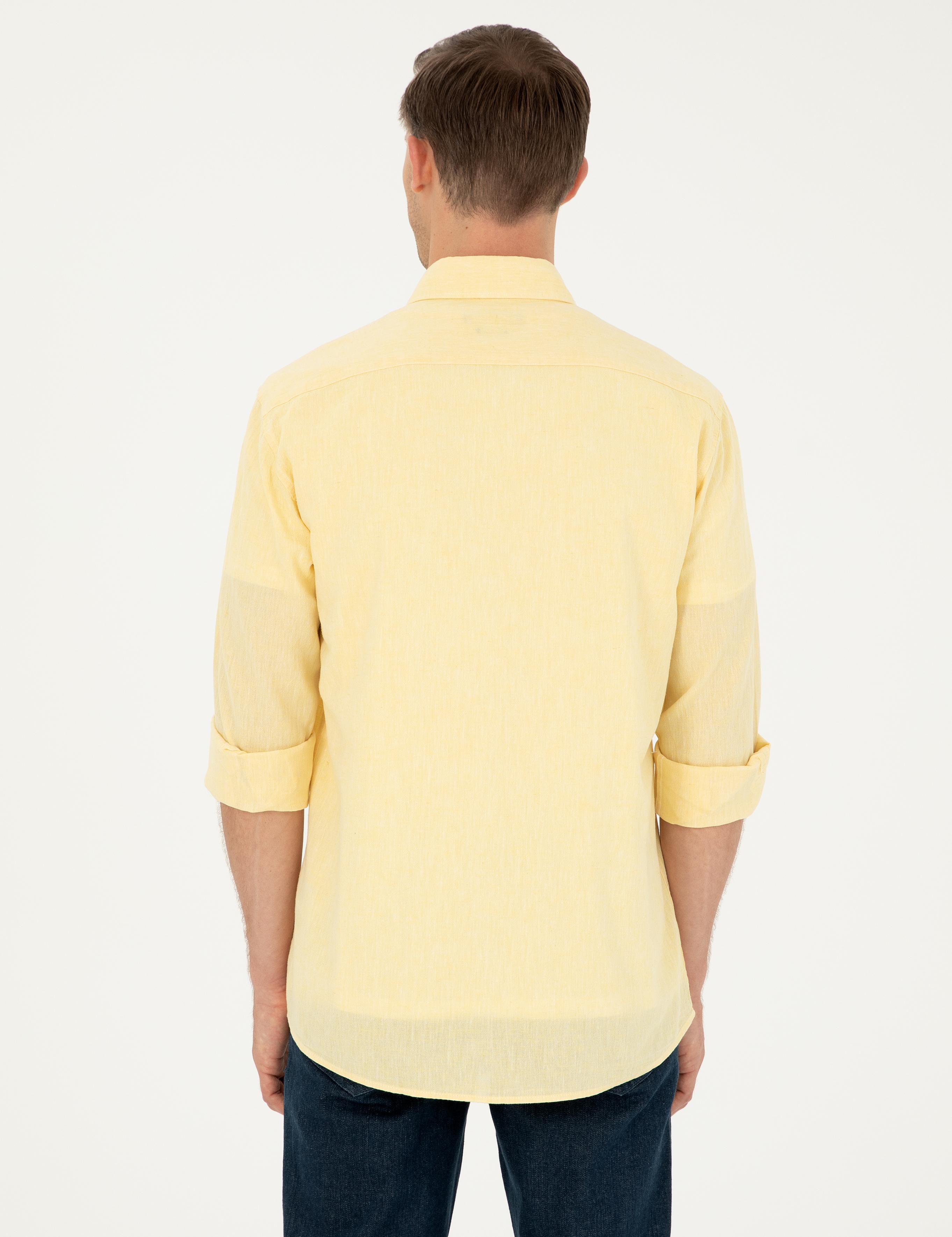 Sarı Keten Karışımlı Slim Fit Uzun Kollu Gömlek - 50250813511