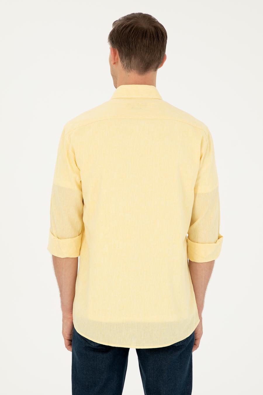 Sarı Keten Karışımlı Slim Fit Uzun Kollu Gömlek - 50250813511