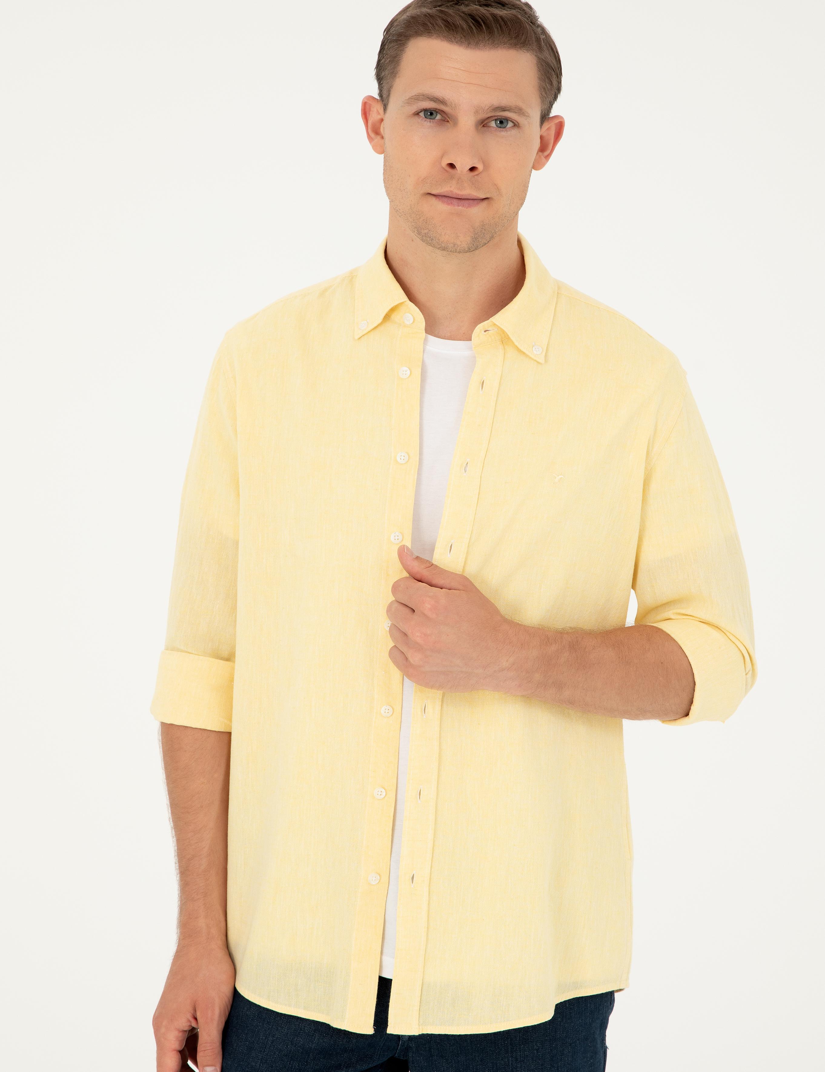 Sarı Keten Karışımlı Slim Fit Uzun Kollu Gömlek - 50250813511
