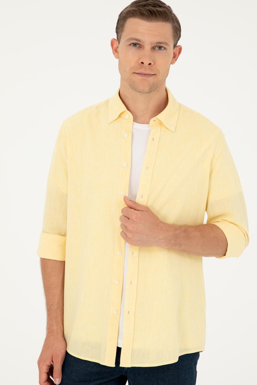 Sarı Keten Karışımlı Slim Fit Uzun Kollu Gömlek - 50250813511