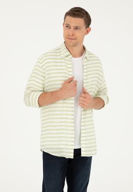 Yeşil Keten Karışımlı Slim Fit Uzun Kollu Gömlek