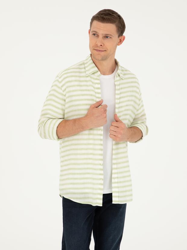 Yeşil Keten Karışımlı Slim Fit Uzun Kollu Gömlek