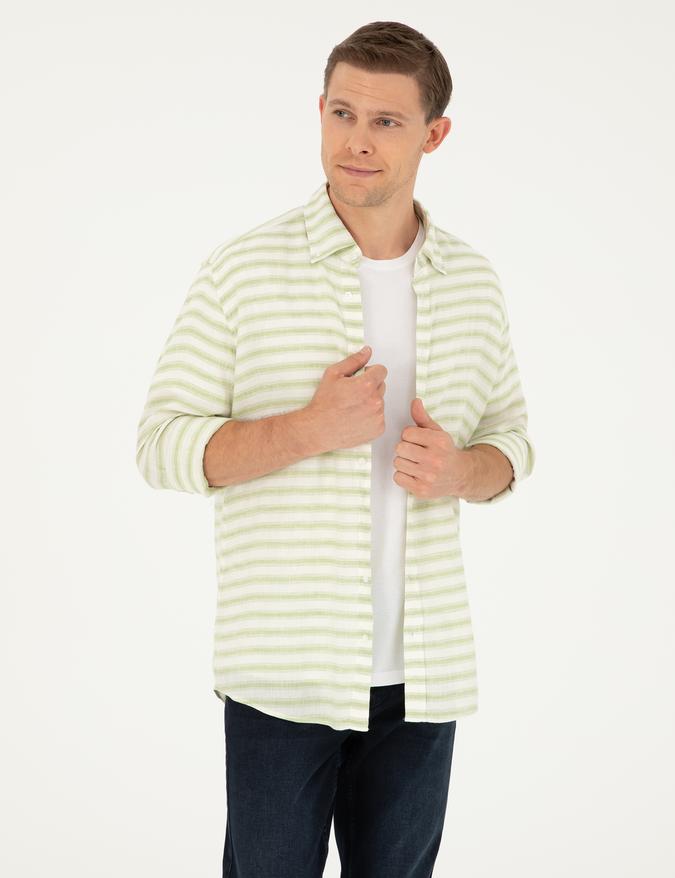 Yeşil Keten Karışımlı Slim Fit Uzun Kollu Gömlek