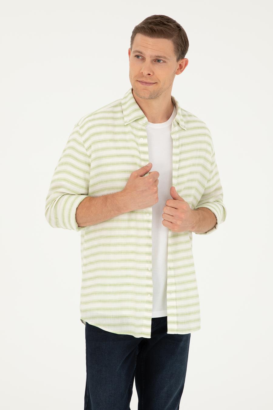 Yeşil Keten Karışımlı Slim Fit Uzun Kollu Gömlek - 50247552043