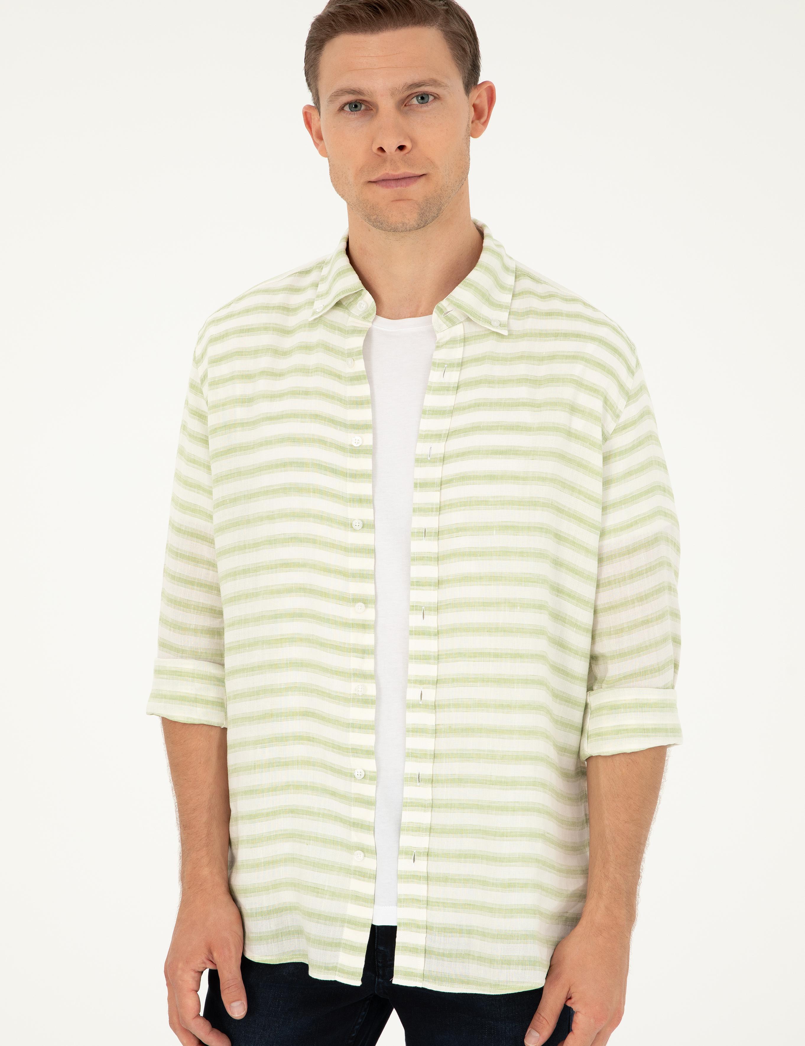 Yeşil Keten Karışımlı Slim Fit Uzun Kollu Gömlek - 50247552043