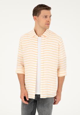 Turuncu Keten Karışımlı Slim Fit Uzun Kollu Gömlek