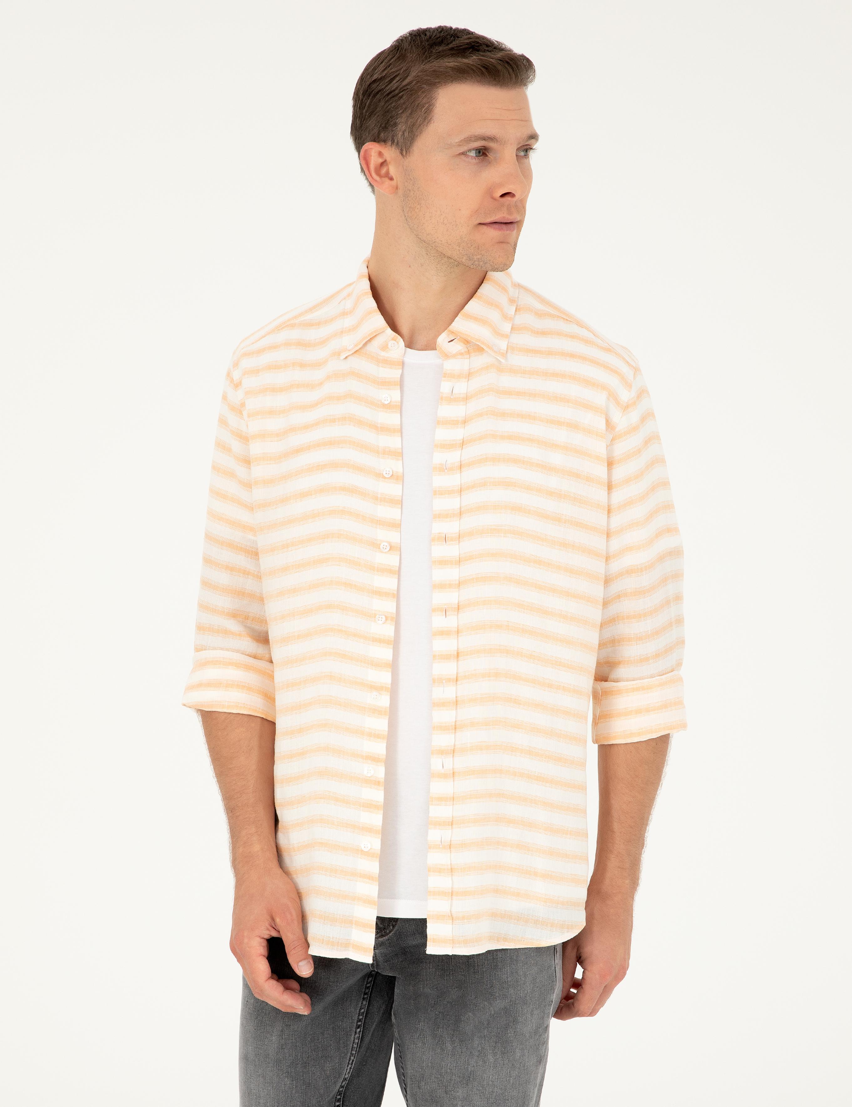 Turuncu Keten Karışımlı Slim Fit Uzun Kollu Gömlek - 50247552046