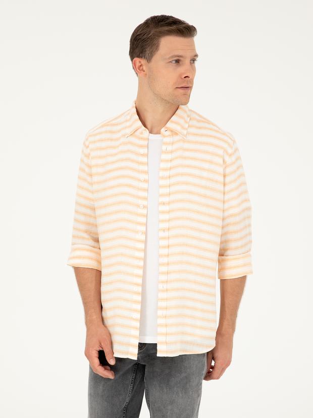 Turuncu Keten Karışımlı Slim Fit Uzun Kollu Gömlek