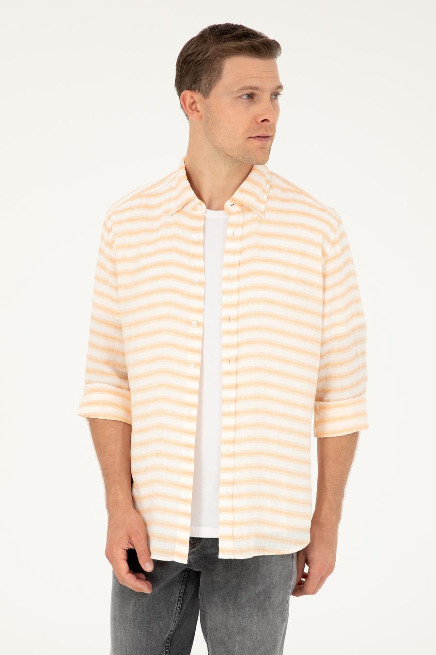 Turuncu Keten Karışımlı Slim Fit Uzun Kollu Gömlek - 50247552046