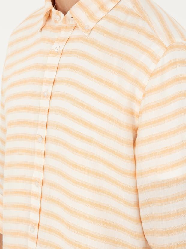 Turuncu Keten Karışımlı Slim Fit Uzun Kollu Gömlek